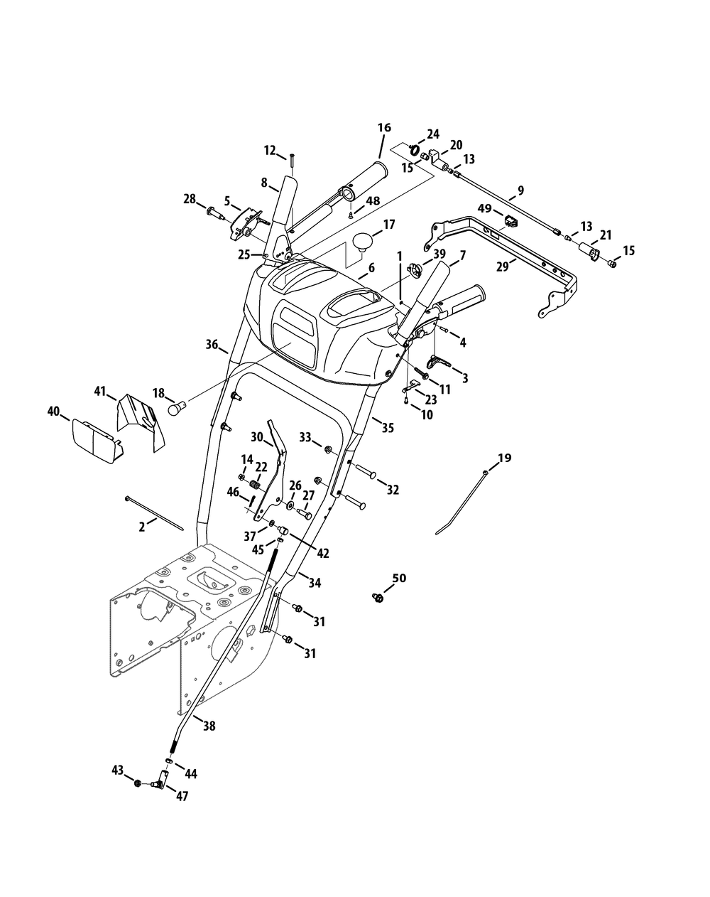 Handle And Frame Diagram and Parts List for 3X26-INCHHD31AH55SX (31AH55SX710)(2014) Cub Cadet Snow Blower